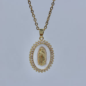 Virgin Mary Jeweled White Pendant Necklace