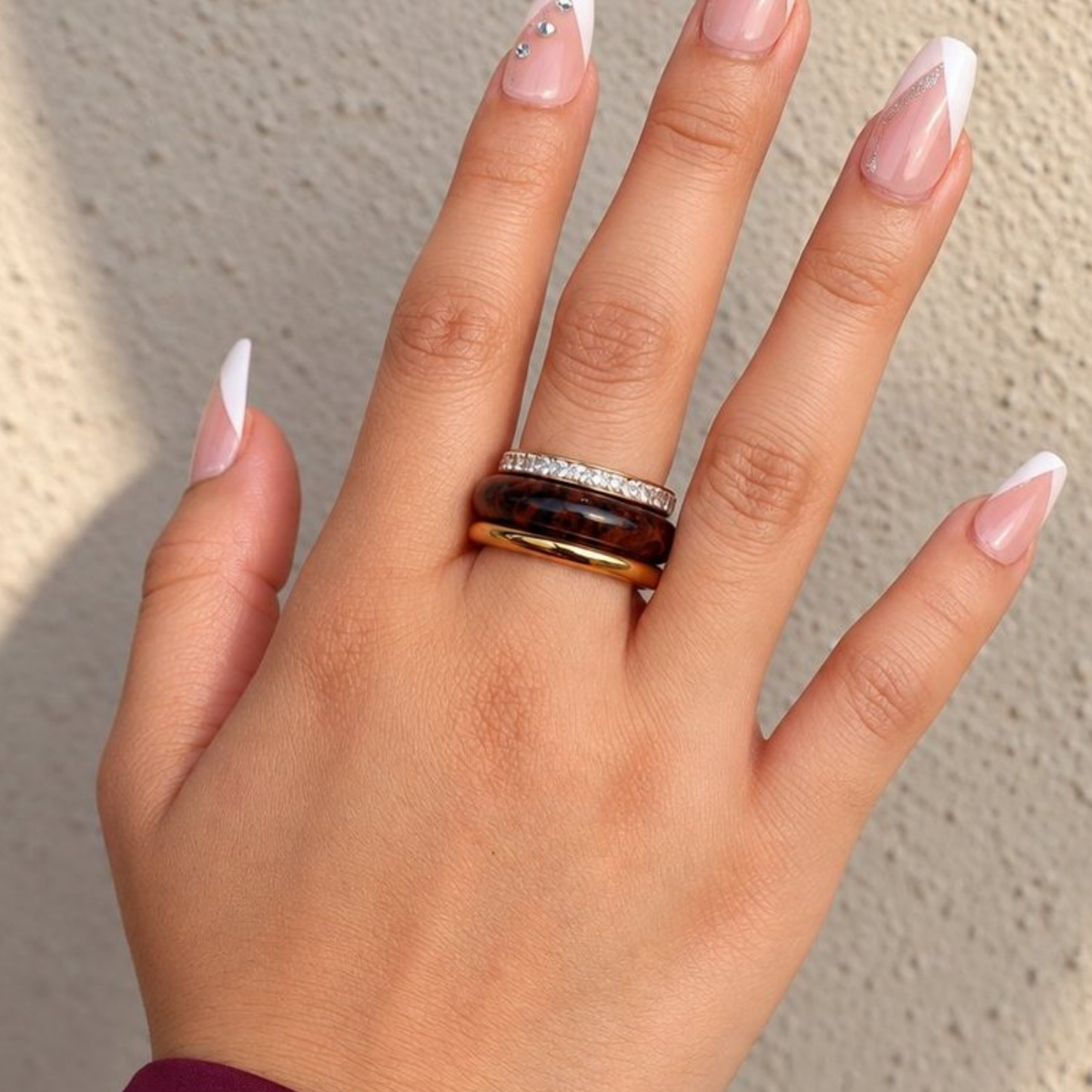 Nora Ring Set, Gold & Brown Set, three stackable rings worn together