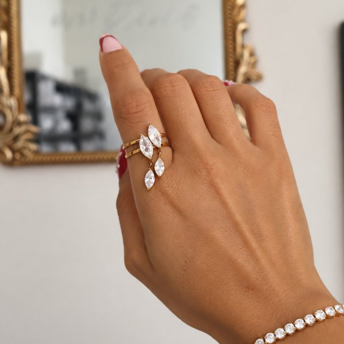 Willow Ring, gold plated ring with leaf-shaped clear stones