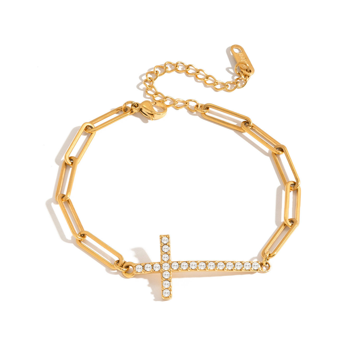 Faith Bracelet, gold paperclip chain with stone-set cross and extender chain