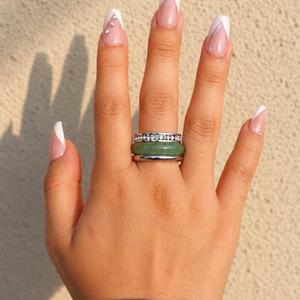Nora Ring Set, Silver & Jade Green Set, three stackable rings worn together