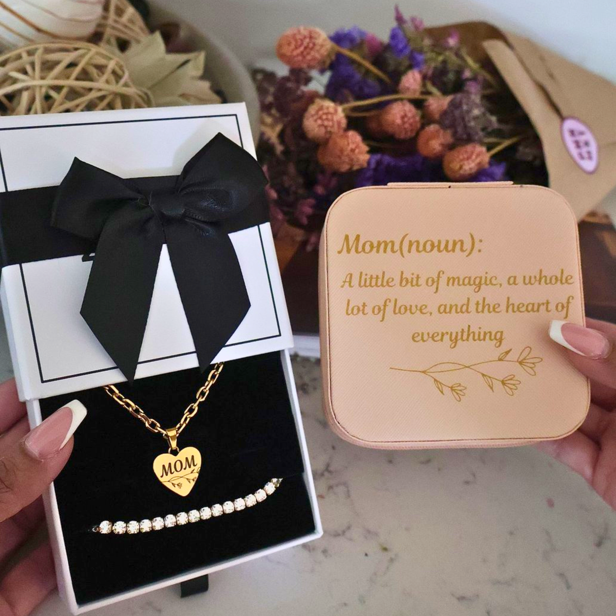 Mother's Day Mom Necklace &amp; Tennis Anklet Gift Set with Jewelry Box