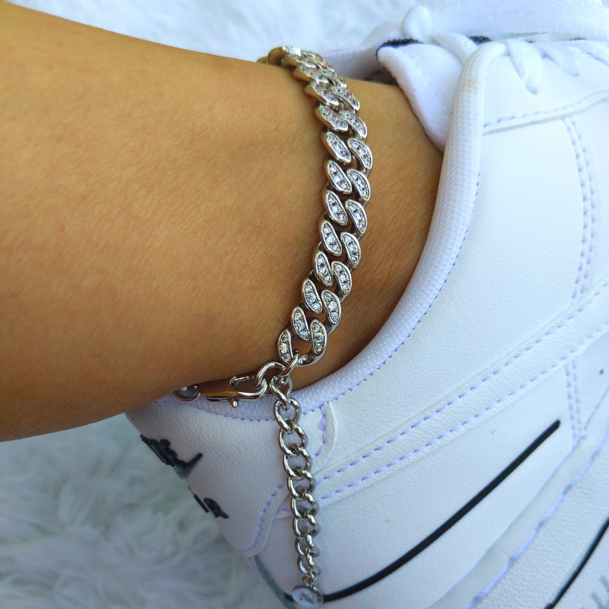 Cuban Link Jeweled Anklet White Gold ZAYAH