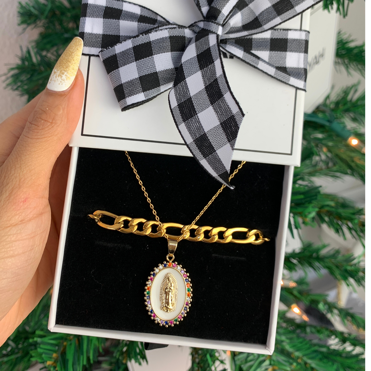 Gift Set - Gold Figaro Anklet &amp; Jeweled Color Mary Pendant Necklace