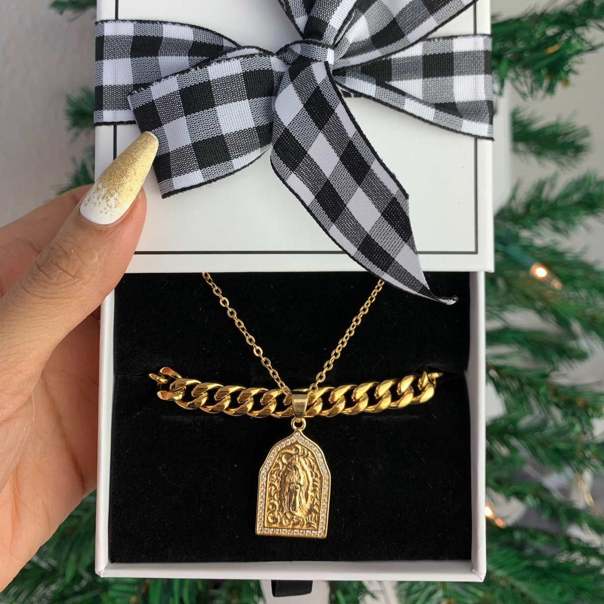Gift Set - Gold Cuban Anklet &amp; Mary Pendant Necklace