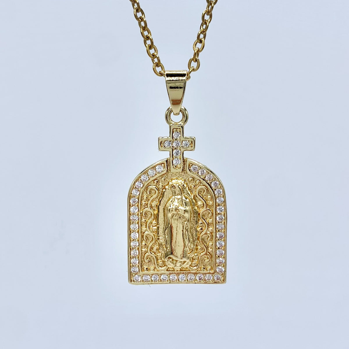 Virgin Mary &amp; Cross Pendant Necklace Gold