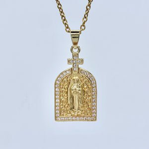 Virgin Mary & Cross Pendant Necklace Gold