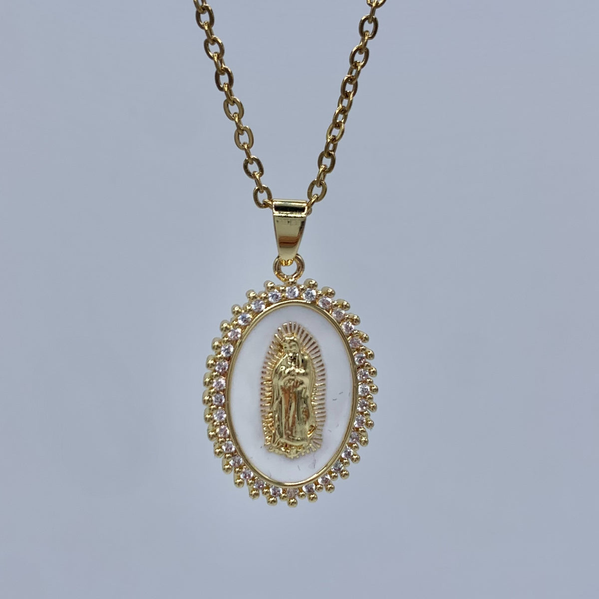 Virgin Mary Jeweled White Pendant Necklace