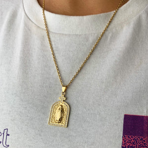 Virgin Mary & Cross Pendant Necklace Gold
